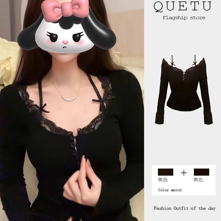 Plus-Size Sexy V-Neck Lace Patchwork Long-Sleeve T-Shirt for Women, Spring Season, Slim-Fit Black Short Top