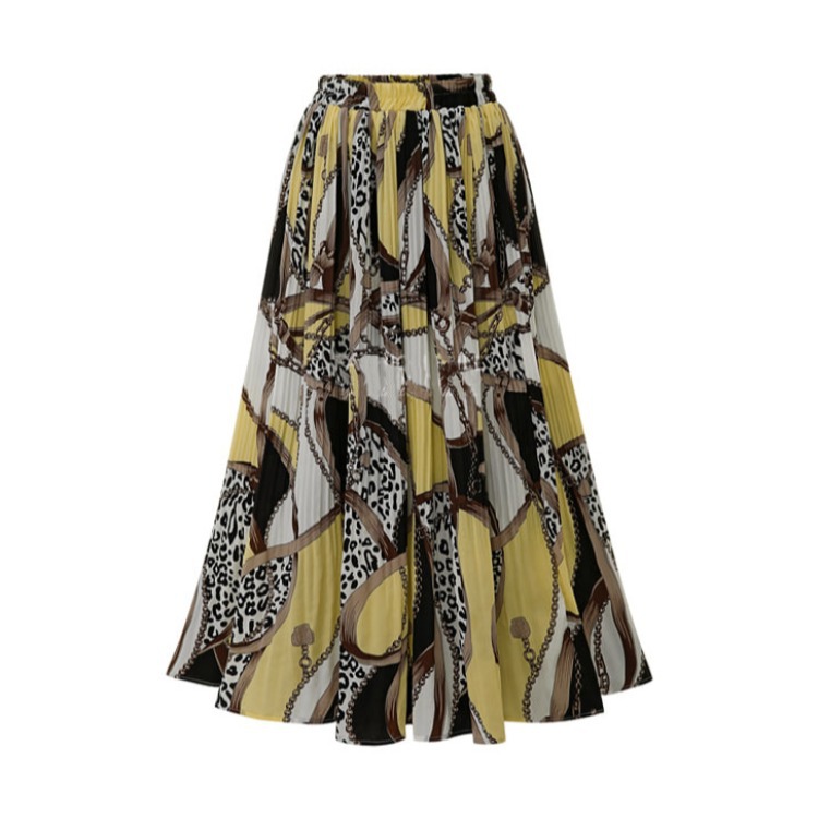 Ropa de mujer 8191# Falda plisada de gasa de talla grande para mujer, nueva falda de cintura alta, estampada, mediana y larga, con vuelo grande, para primavera y verano_voghion.com