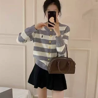 经典小马刺绣金扣条纹长袖针织衫女2025秋季新款圆领宽松薄款毛衣