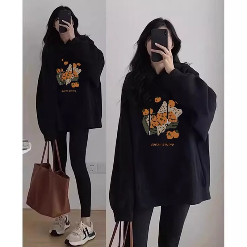 黑色中长款连帽卫衣女春秋季新款字母印花宽松套头薄款小个子上衣|undefined