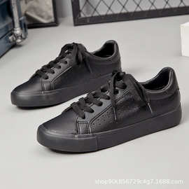 蓓尔全黑色低帮系带皮面休闲鞋韩版女帆布鞋学生球鞋运动鞋单鞋