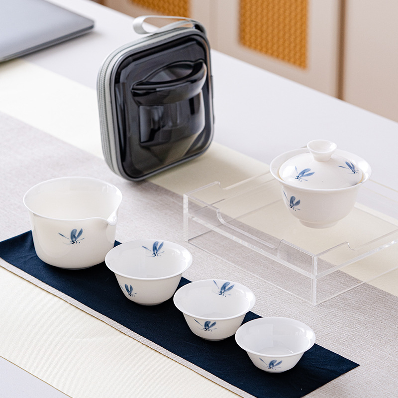 德化白瓷羊脂玉旅行茶具套装户外便携茶具车载外出功夫茶具收纳包