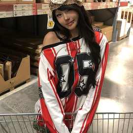 美式印花球衣长袖秋季条纹复古斜肩长袖T恤辣妹宽松休闲运动上衣