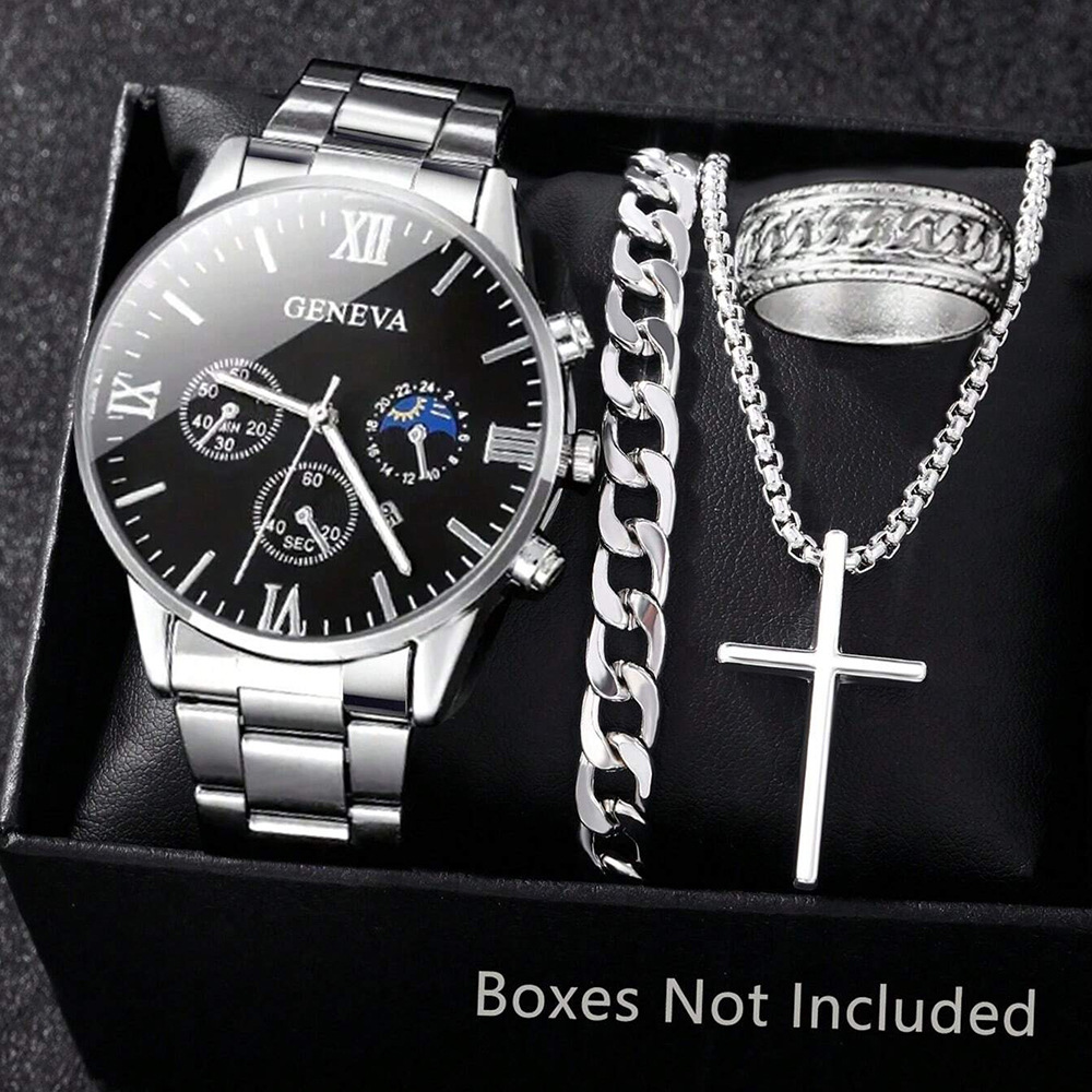 Geneva Watch Men's Roman Dial Quartz Watch Fashionable Business High-End Watch Jewelry Set