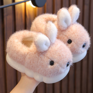 Winter Children's cotton slippers boys and girls warm fleece-lined parent-child bag heel thick bottom big medium and small children's plush rabbit cotton shoes