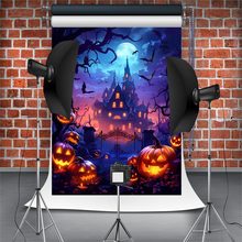 外贸新暗夜城堡南瓜灯月亮摄影背景布万圣节氛围布置写真横幅挂布