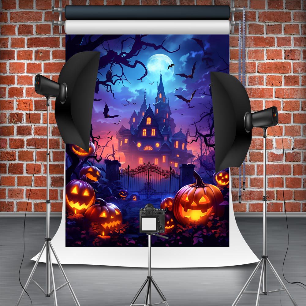 外贸新暗夜城堡南瓜灯月亮摄影背景布万圣节氛围布置写真横幅挂布