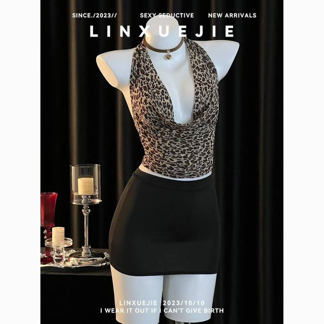 Leopard Print Open-Bust Secretary Costume Bodysuit, One Size Polyester Lingerie Set — detail image 3