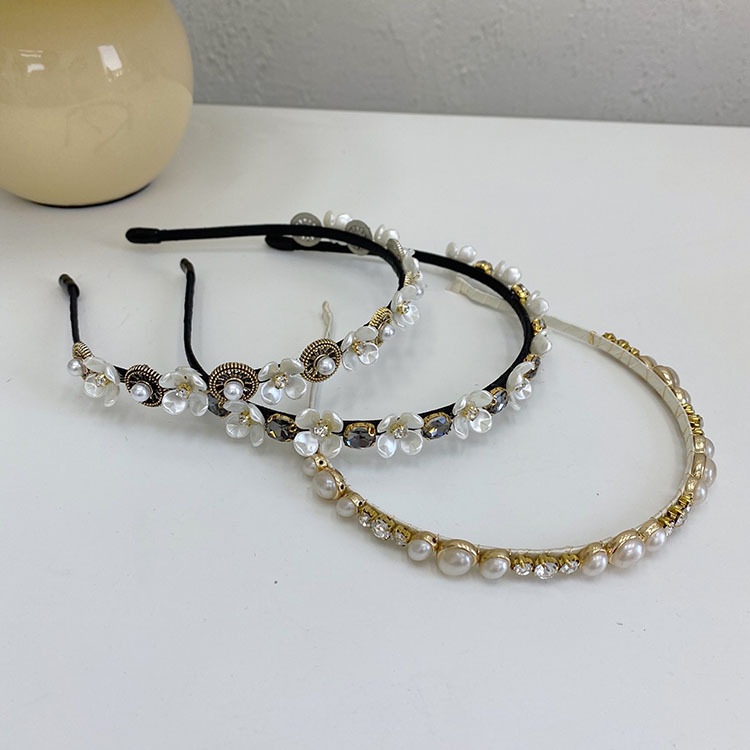 38g Weight Headwear Classification Plaid, Flower Pattern Women'S Gender Black Color Korean Version Pearl Flower Full Diamond Headband 3
