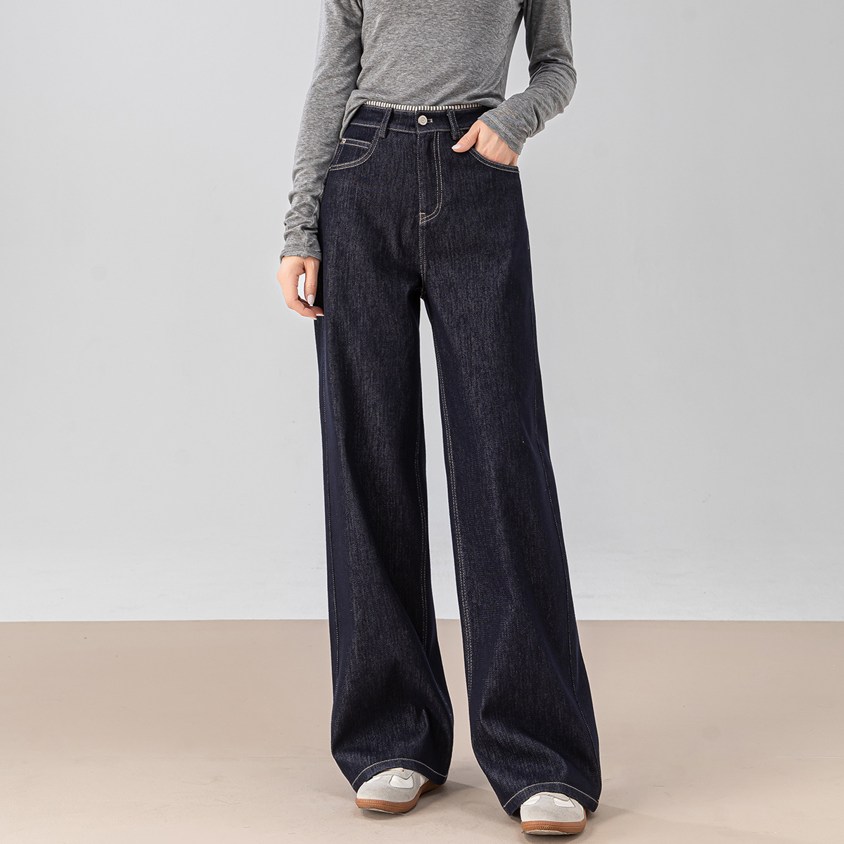 2025经典条纹翻边高腰直筒阔腿裤九分牛仔裤女两穿拖地裤子