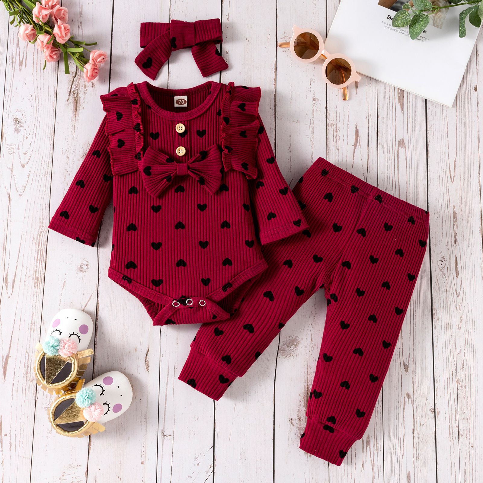 Mode Couleur Unie Fleur Bouton Bébé Vêtements Ensembles display picture 4