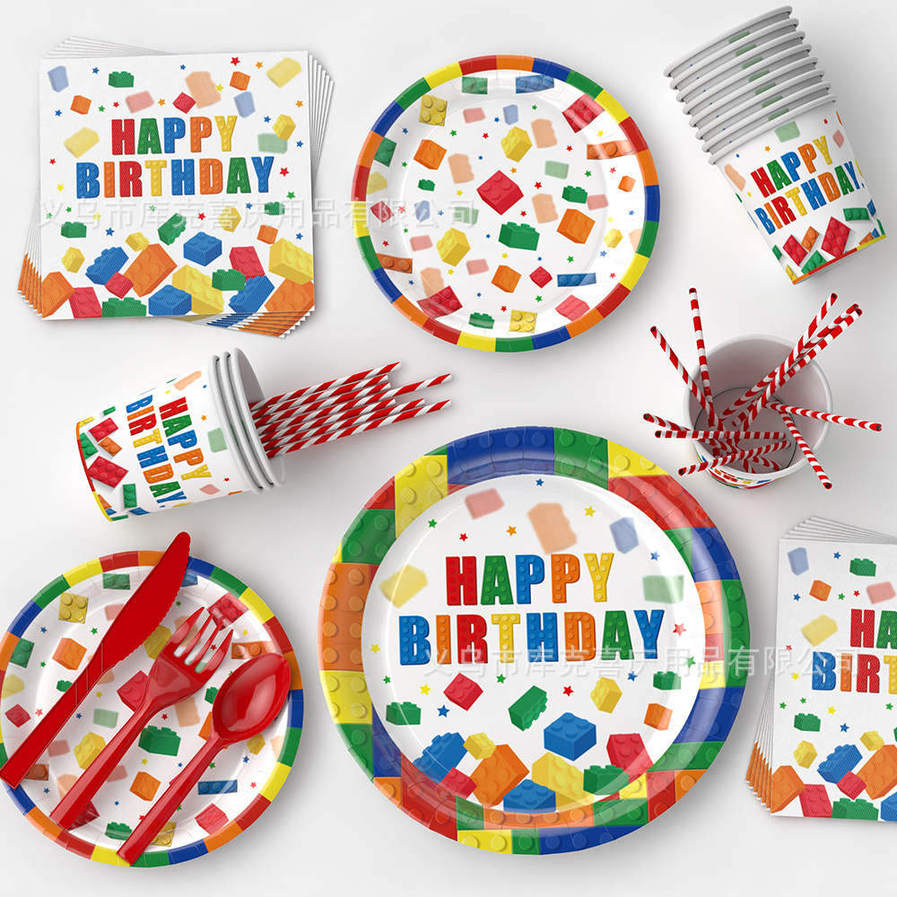 Nueva Lego bloques de construcción tema fiesta de cumpleaños vajilla plato de papel desechable taza de papel tire bandera decoración traje