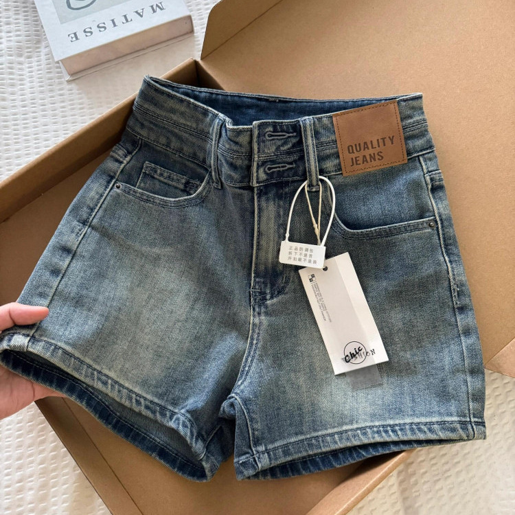 Designed with a Sense of Style, Double-Button High-Waisted Stretchy Slimming Denim Shorts for Women, New Summer American Retro Washed Hot Pants