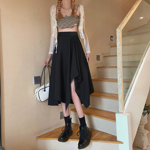 Black mid-length fish-tail semi-slip dress for women, polyester, large size pear-shaped figure, high-waisted slimming suit A-line skirt