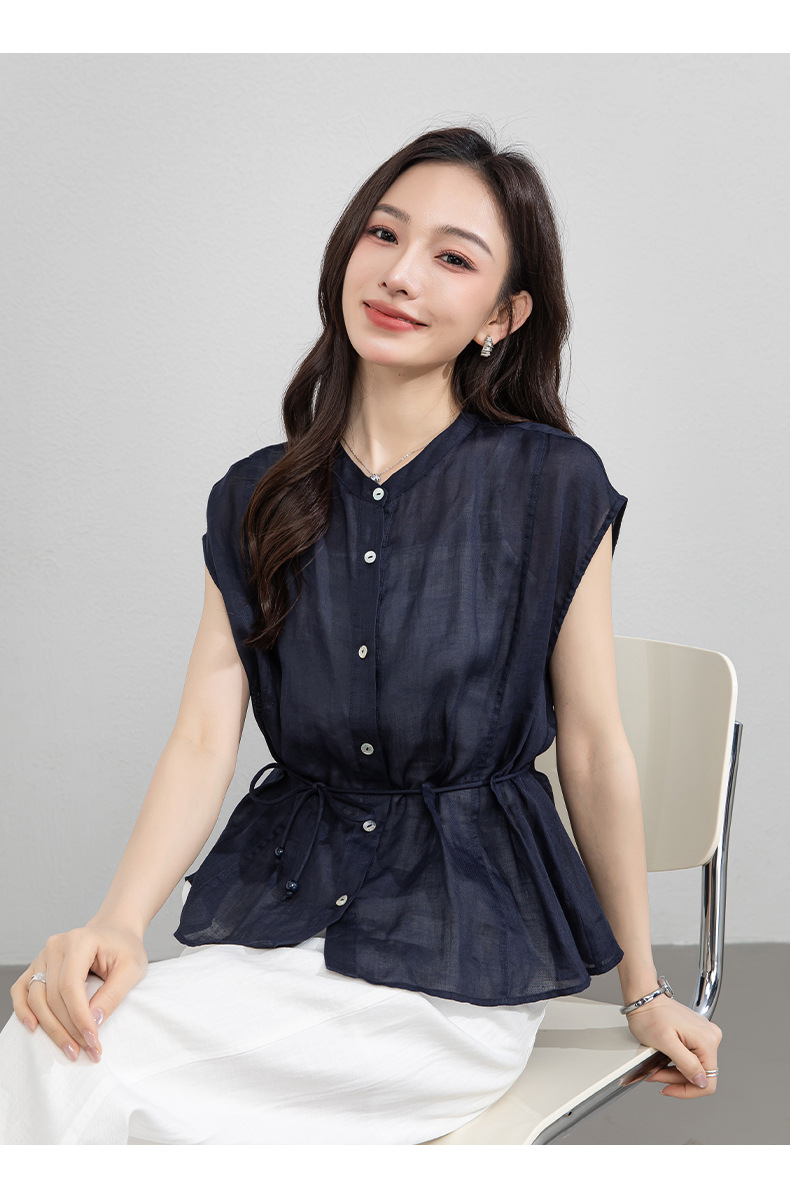 Áo sơ mi nữ linen tay không cổ đứng thắt eo dây rút thoáng mát — Ánh trăng trắng chi tiết 18
