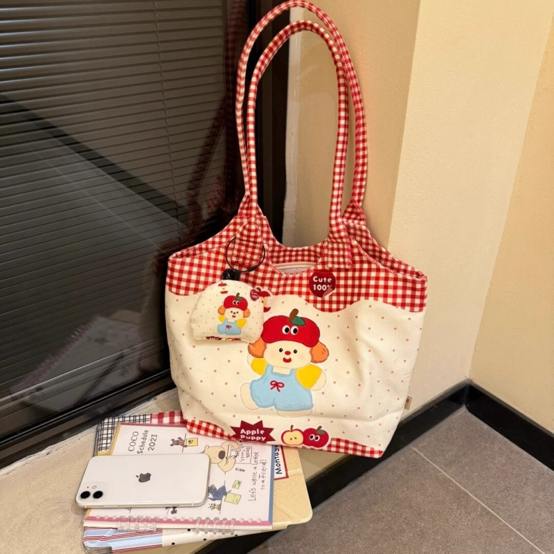 可爱波点苹果森系帆布包包女新款大容量单肩托特包通勤腋下包|undefined