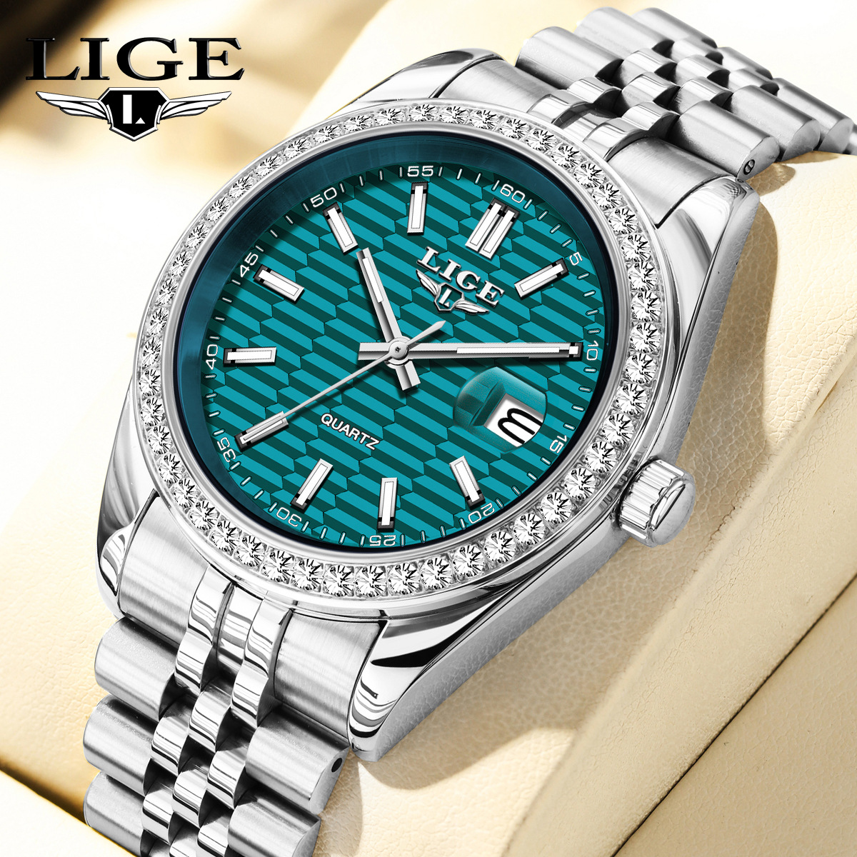 Lige/ Cross-Border Hot Selling Diamond-Set Quartz Watch Multi-Function Calendar Five-Bead Steel Band Men's and Women's Couple Watch