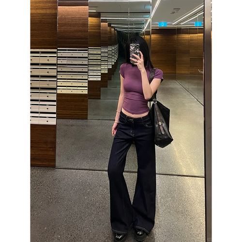 American retro purple front shoulder short-sleeved T-shirt for women in summer 2025 new basic slim hot girl top 62145