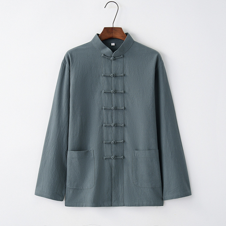 Camisa de traje Tang de manga larga casual de primavera y otoño de estilo chino Camisa de té suelta retro de estilo chino Túnica de túnica de color sólido para hombre