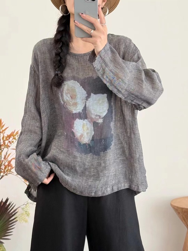 古咖服饰复古亚麻印花圆领上衣女式长袖宽松套头T恤文艺休闲上衣|undefined