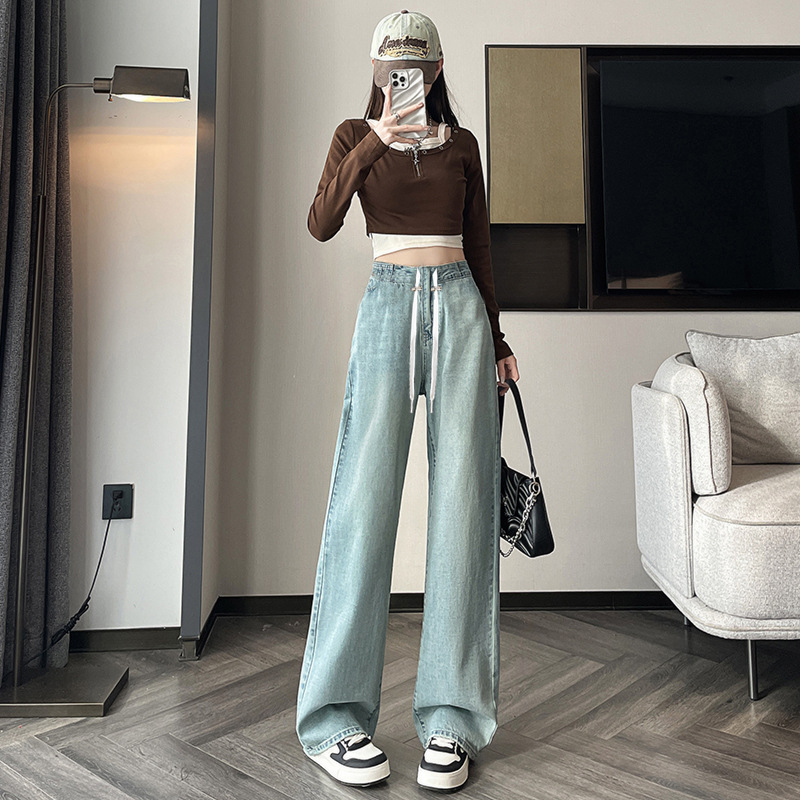 Postpartum Wearable Pregnant Women Jeans 2024 New Autumn Fashionable Outer Wearing Loose Straight Slimming Drawstring Wide Leg Pants