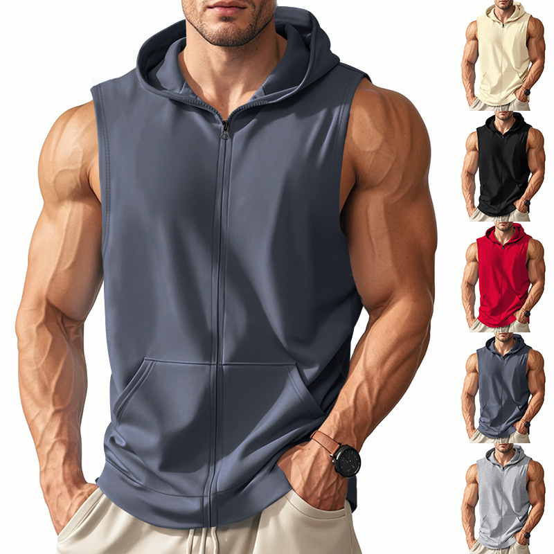 2025 Cross-border Summer American-style Men's Sports Fitness Training Zipper Hooded Cardigan Sleeveless Loose Breathable Vest