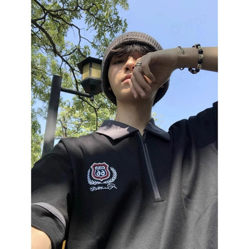 Half-zipper contrasting Polo shirt, short-sleeved men and women, 2025 summer fashionable piece, lapel T-shirt, casual couple's half-sleeves