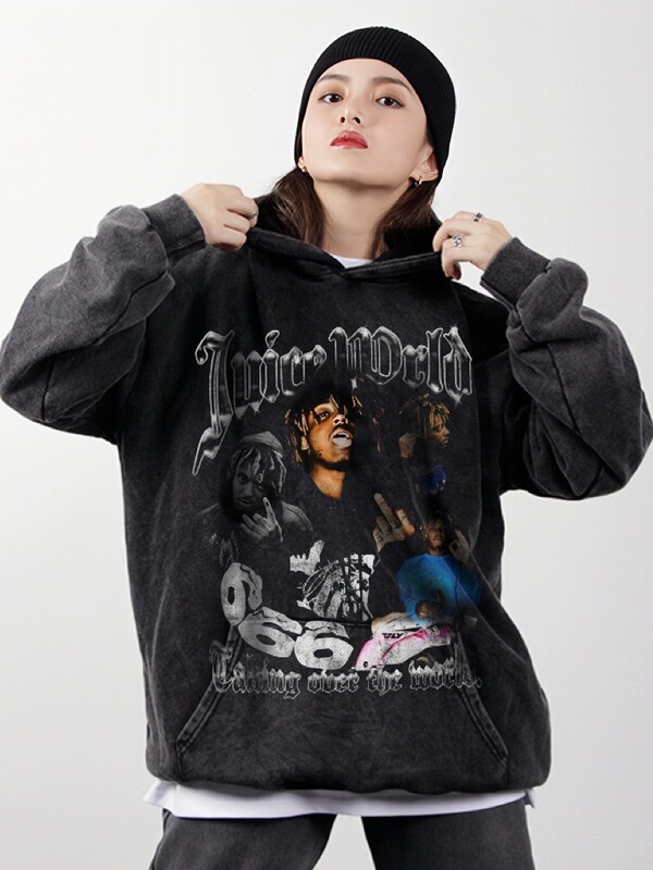 Juice Wrld hip-hop, American street style, retro print, distressed wash, heavyweight hooded sweatshirt Juice Wrld hip-hop, American street style, retro print, distressed wash, heavyweight hooded sweatshirt