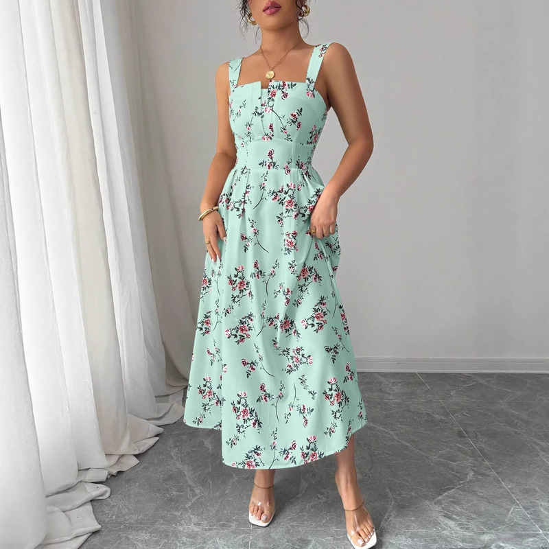 European and American New Style French Dress, Cross-Border Summer Spaghetti Strap Waist-Cinching Women's Casual Travel Floral A-Line Long Dress European and American New Style French Dress, Cross-Border Summer Spaghetti Strap Waist-Cinching Women's Casual Travel Floral A-Line Long Dress