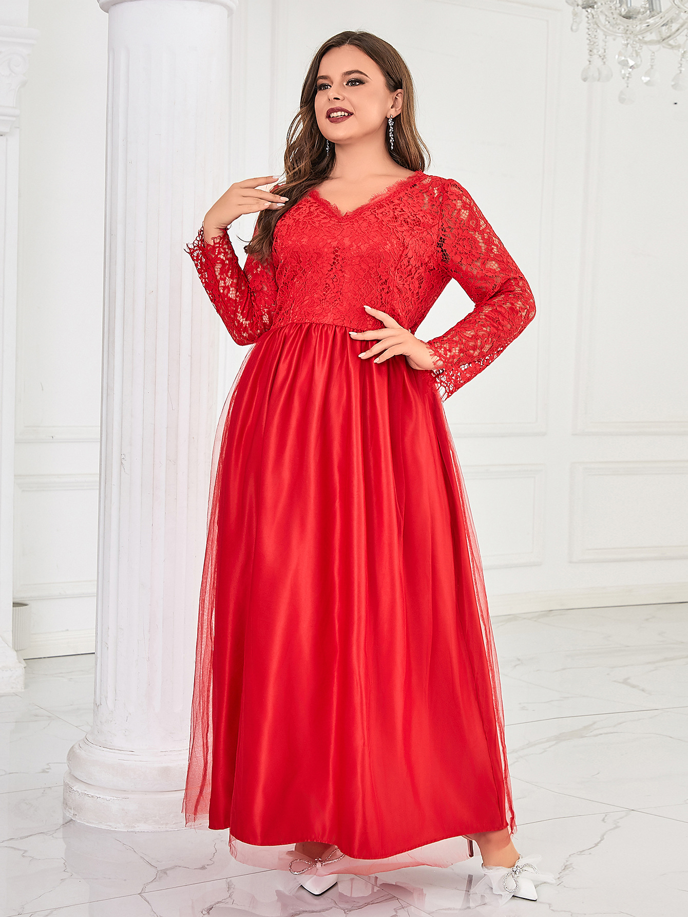 Vestido de talla grande, comercio exterior europeo y americano, nueva ropa de mujer, encaje de malla, vestido de novia de manga larga, vestido de noche, vestido largo image 3