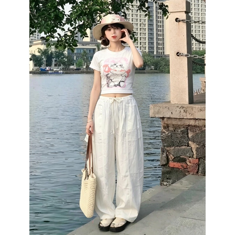 Korean-Style Casual Sports Suit for Women, Cartoon Trendy Short-Sleeve Top and Wide-Leg Pants, Cute Cat Two-Piece Set, Summer Sweet Girl Slim Fit