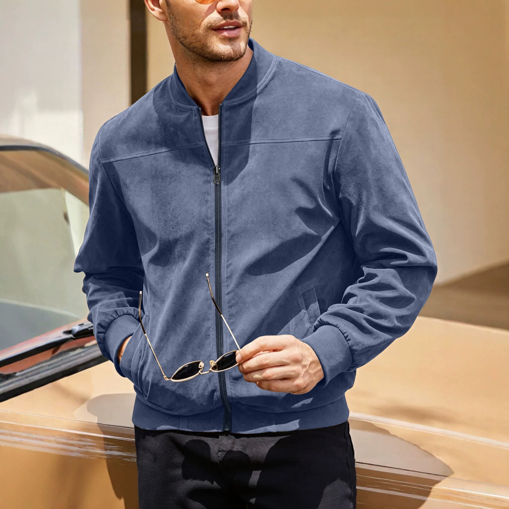 Amazon transfronterizo de caída de seda de color sólido chaqueta con cremallera de hombre retro manga larga comercio exterior chaqueta cardigan image 3