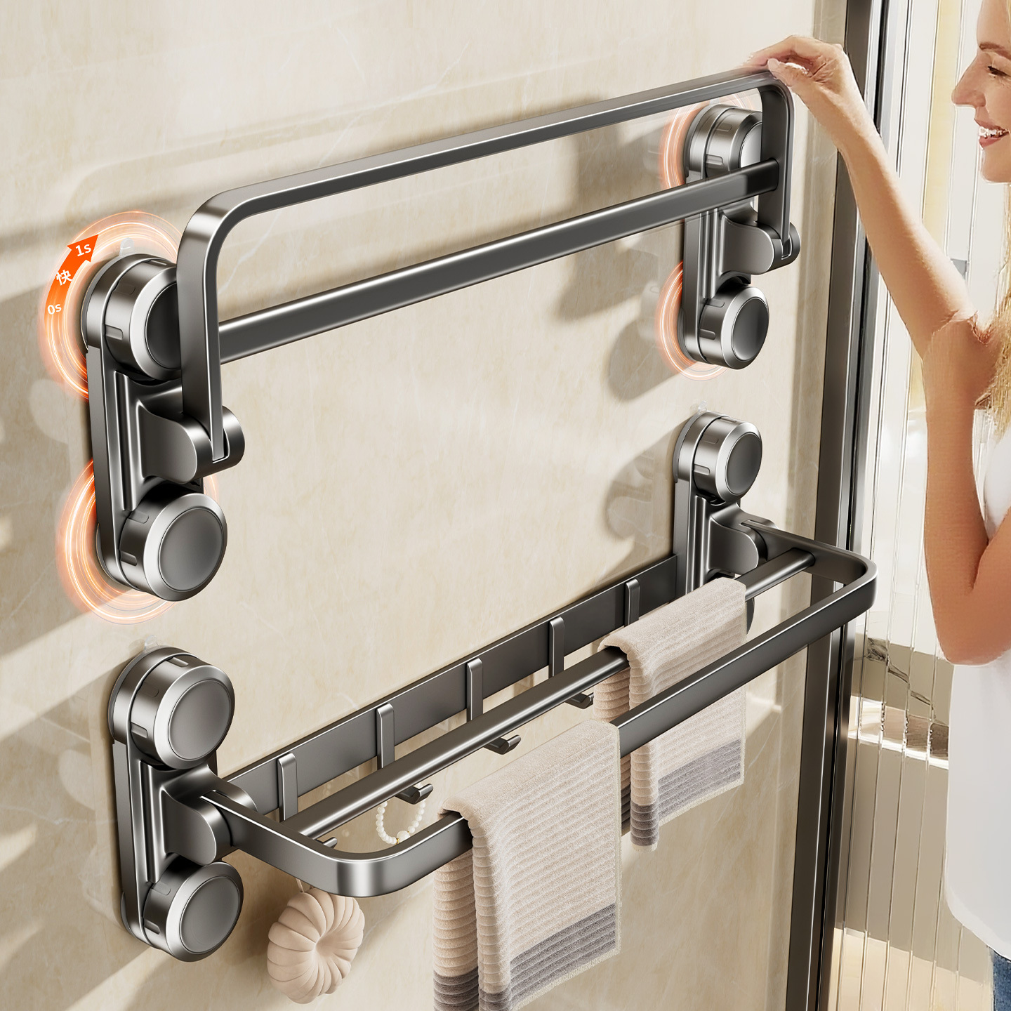 2025 New Towel Rack Suction Cup Bathroom Bathroom Storage Rack Punch-Free Toilet Space Aluminum Wall Hanging Shelf