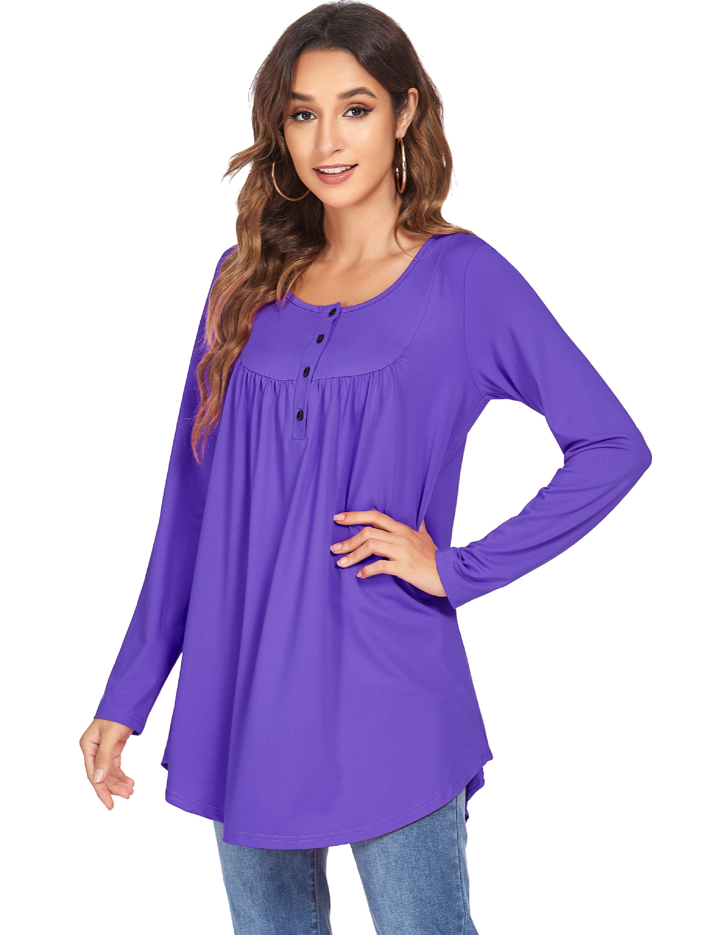 2021夏季新款独立站亚马逊爆款外贸女装四纽扣褶皱长袖T恤上衣