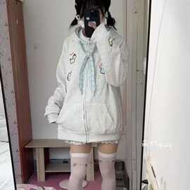 甜美学院风刺绣格纹小狗蝴蝶结开衫连帽卫衣女2025新款秋冬上衣潮