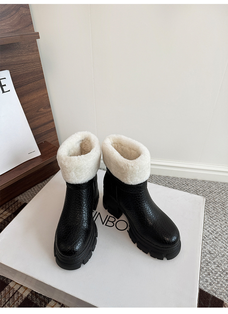 Boot tuyết nữ da thật cổ ngắn lót lông cừu, đế dày khóa thắt lưng gót vuông — màu nâu chi tiết 11