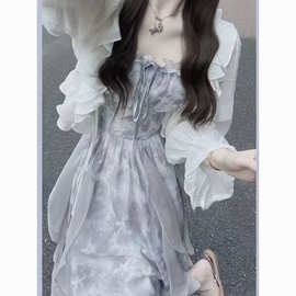 灰蓝色扎染吊带连衣裙清冷感仙仙女裙绑带薄晒开衫套装夏季