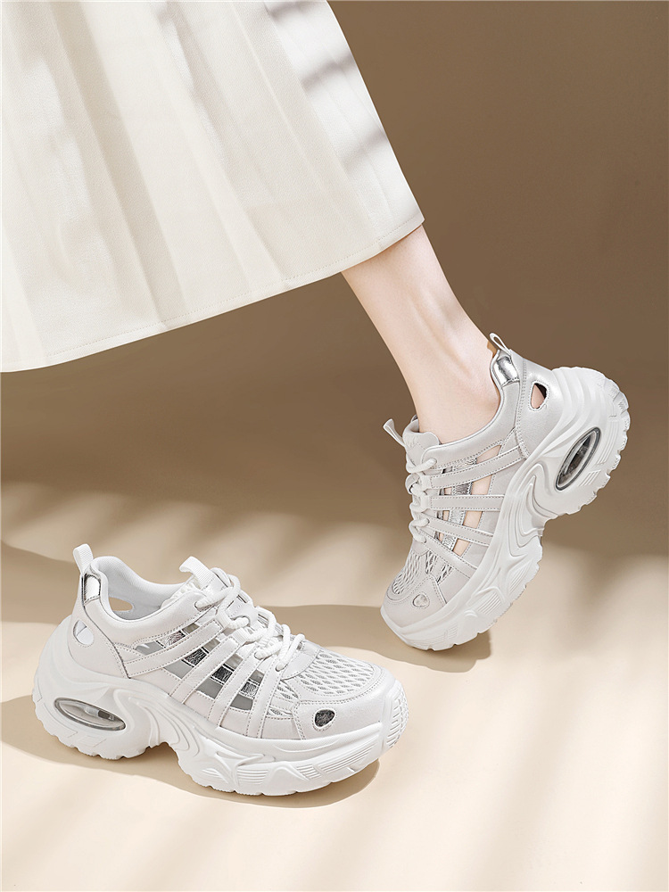 Giày sneaker nữ đế dày lưới thoáng khí phong cách thể thao gót 5 cm — 7234 bột sâm panh cao gót 5cm, 7234 gót trắng cao 5cm