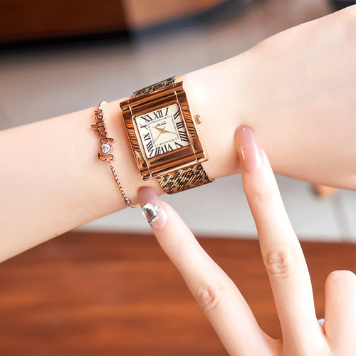 Internet celebrity trendy fashion steel strap leopard print mesh band square dial brand watch women's watch European style personality