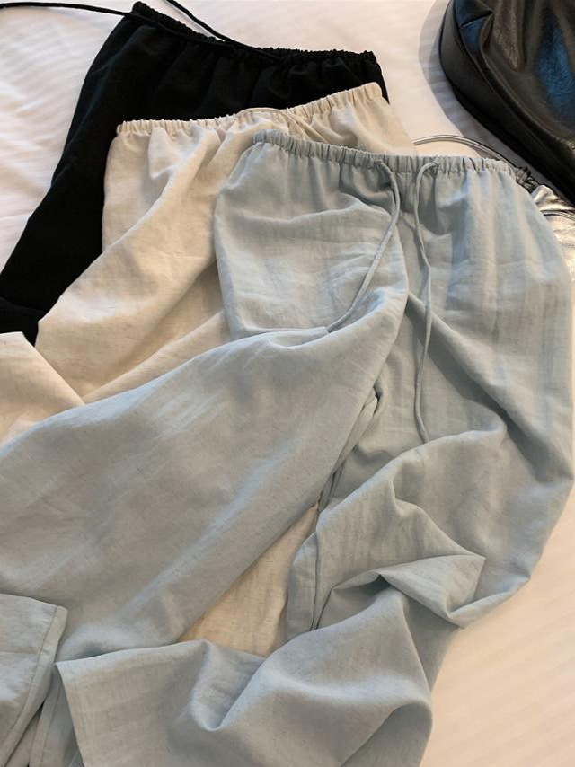 Quần culottes nữ ống rộng cạp chun rút dây chất liệu linen phối tencel dáng dài mùa hè — màu đen, Trà trắng, xanh lam