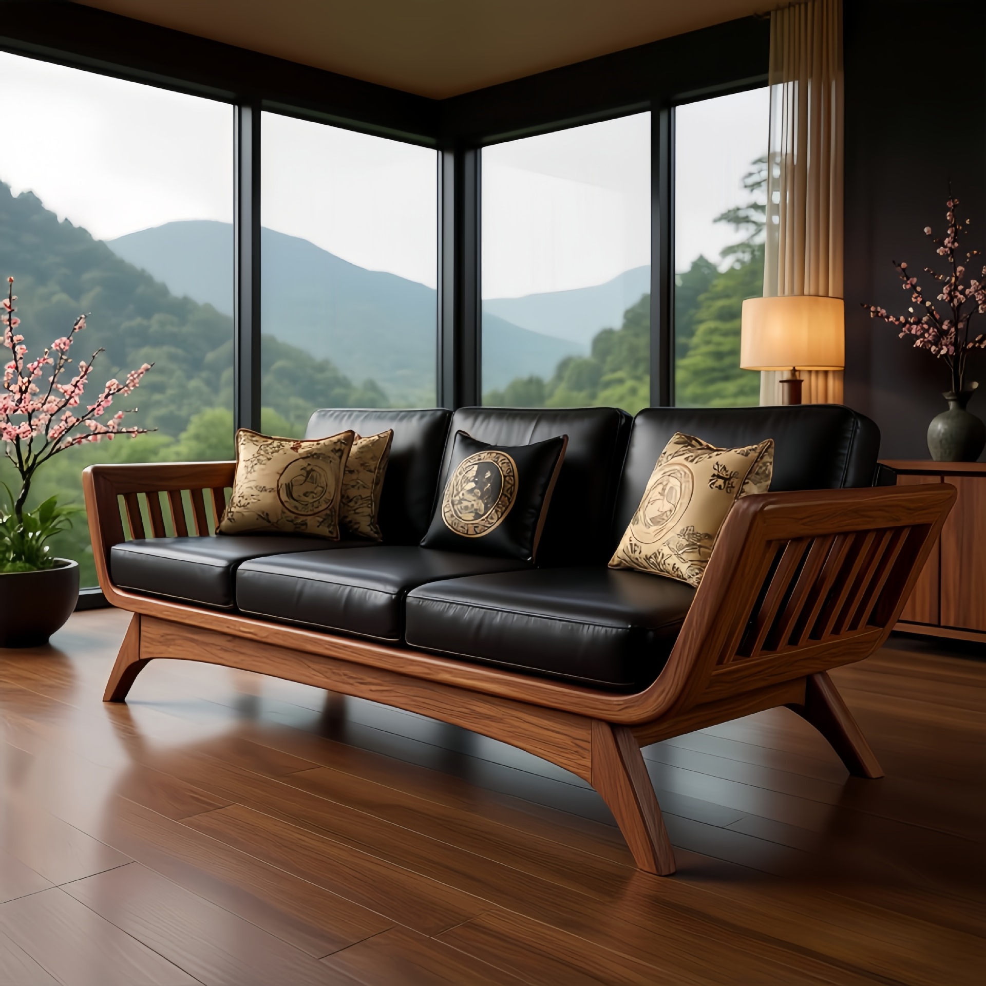 2025 New Black Walnut Solid Wood Sofa Living Room Home Club Hotel Modern Simple Reception Straight Sofa