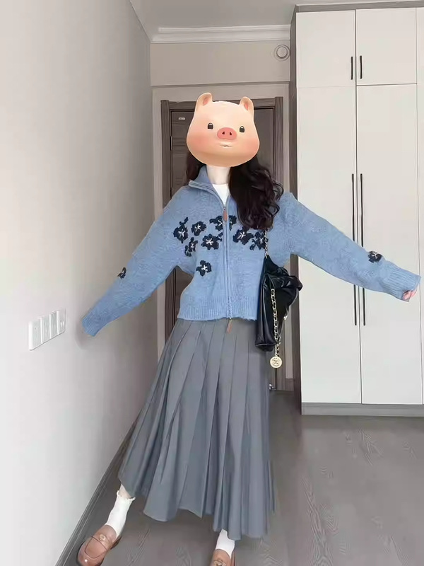费尔岛美式慵懒风秋冬新款设计感钩花拉链蓝色毛衣外套女针织开衫|undefined