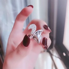 泰国佛牌狐狸戒指女士超闪满钻个性百搭风开口可调节小众锆石指环