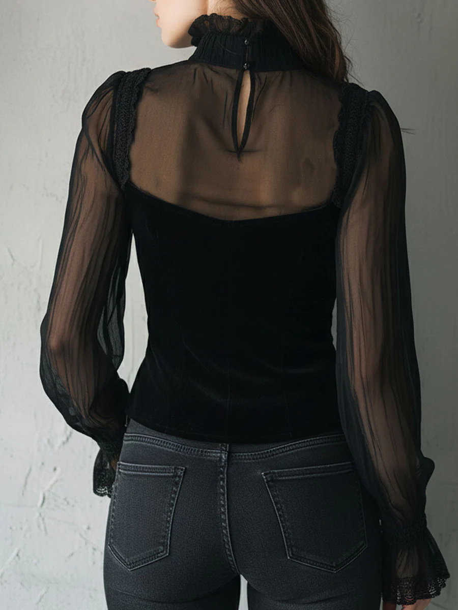 Europa y los Estados Unidos transfronterizos de la nueva moda de mujer temperamento elegante malla de encaje empalmado chaleco de terciopelo perspectiva sexy camisa de encaje image 3