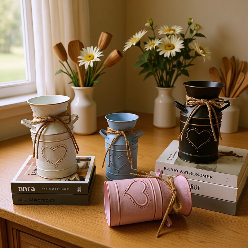 Vintage-Style Iron Milk Jug Flower Vase, Rustic Retro Flower Pot, American-Style Iron Art Floral Vessel, American Retro Flower Pot for Plants