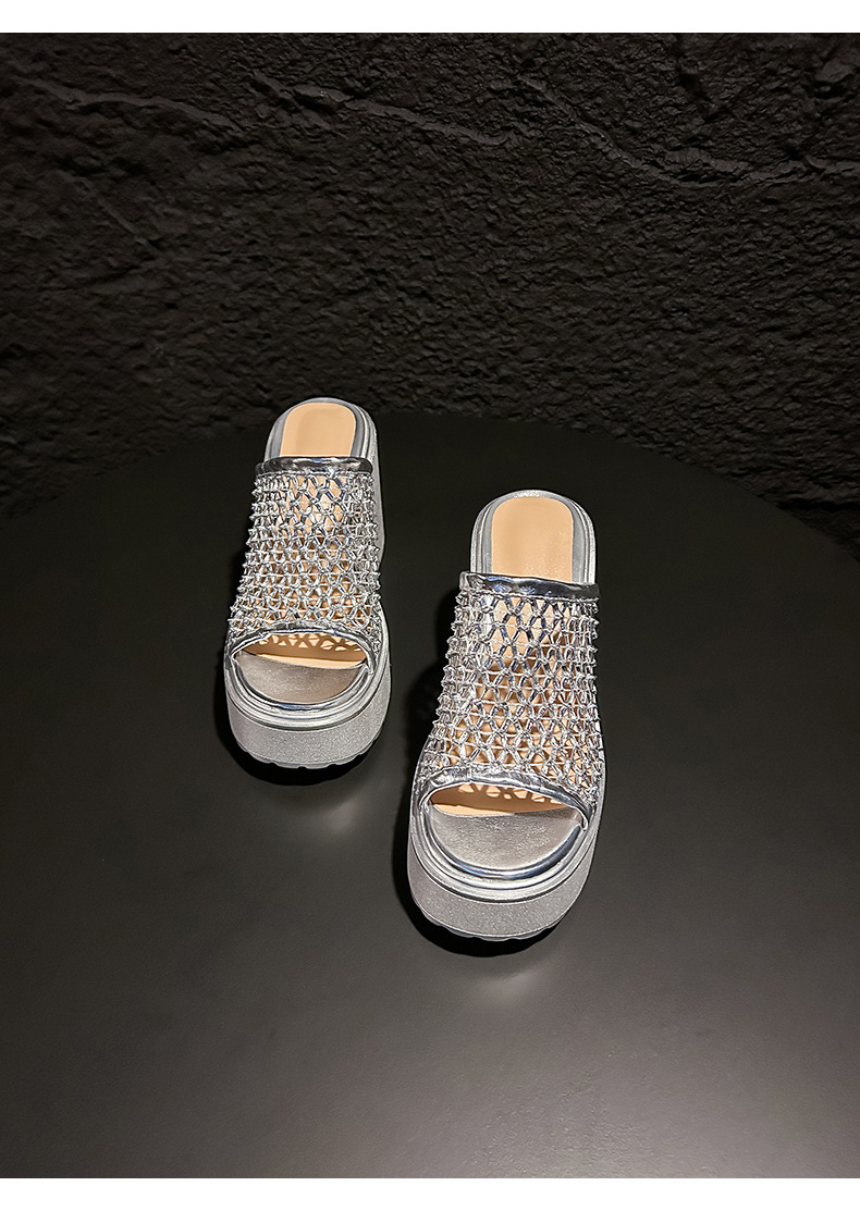 Sandal cao gót nữ hở mũi đế xuồng gót 10 cm quai ngang bện — màu đen, bạc chi tiết 13