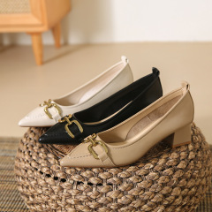 2023年夏季新款粗跟中跟女尖頭淺口女鞋軟底女士法式單鞋高跟鞋