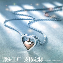 跨境双桃心不锈钢项链女爱心配饰情侣钛钢吊坠宠物纪念骨灰盒项坠