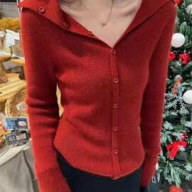 包芯纱长袖毛衣外套慵懒风ins翻领上衣春秋冬气质显白针织开衫女