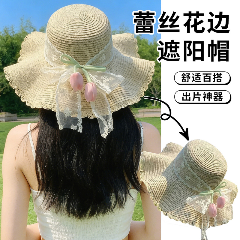 Bowknot Wide-Brimmed Sunshade Straw Hat for Women, Sun Protection Travel Beach Hat, Versatile Seaside Hat, Sunshade Hat with Large Brim